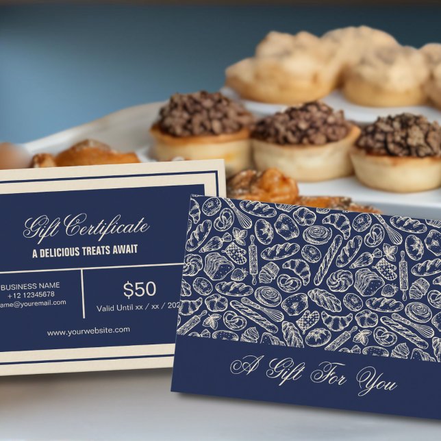 Tarjeta De Visita Elegant Classic Navy Blue Bakery Pattern Gift Card (Subido por el creador)