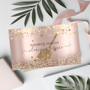 Tarjeta De Visita Elegant Confetti Criada Limpieza Rose Gold Brillo