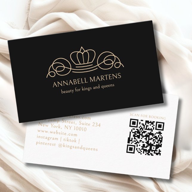 Tarjeta De Visita Elegant Crown Salon Black Beige QR Code (Elegant Crown Salon Black Beige QR Code Business Card)