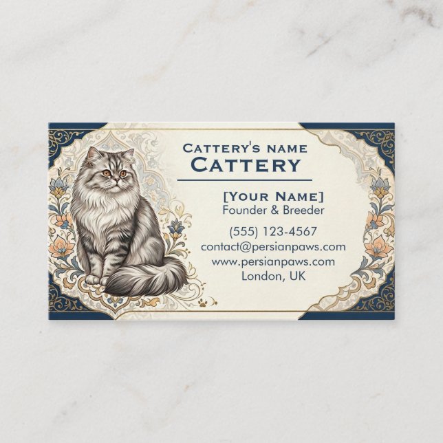 Tarjeta De Visita Elegant Custom Persian Cat Cattery Business Card  (Anverso)