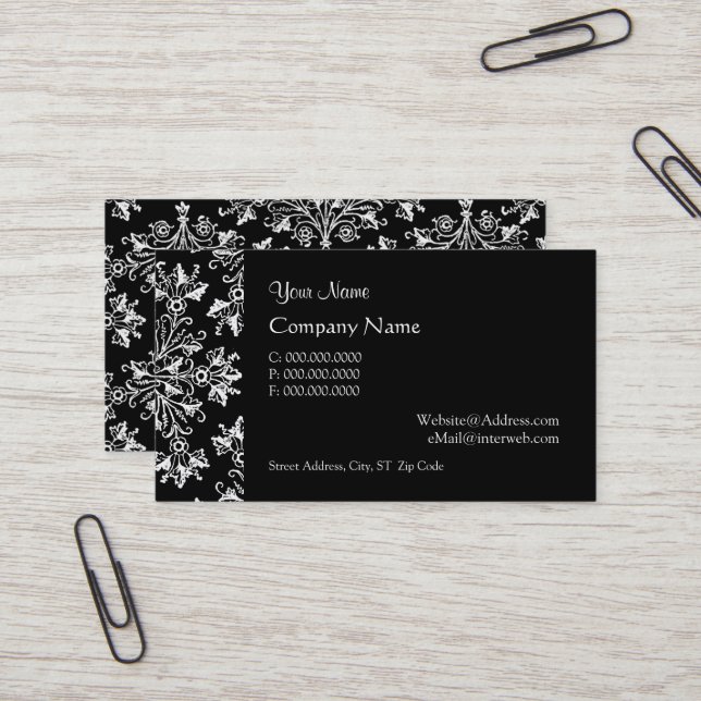 Tarjeta De Visita Elegant Daisy Damask in White on Black Custom (Anverso/Reverso In Situ)