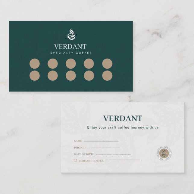 Tarjeta De Visita Elegant Dark Green Specialty Coffee Loyalty Card (Anverso / Reverso)