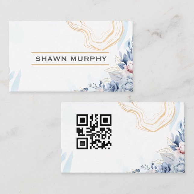 Tarjeta De Visita Elegant Floral Gold Line QR Code Business Card (Anverso / Reverso)