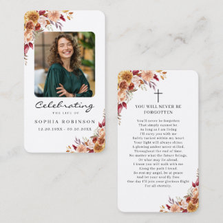Tarjeta De Visita Elegant Floral Photo Funeral Memorial Prayer Card
