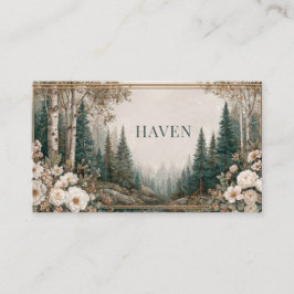 Tarjeta De Visita Elegant Forest Gold Frame Pine Birch Floral