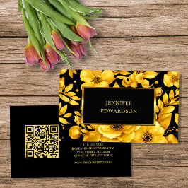 Tarjeta De Visita Elegant gold black flowers QR code professional