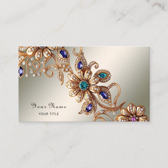 Tarjeta De Visita Elegant Gold Jewel Flowers Business Card (Anverso)