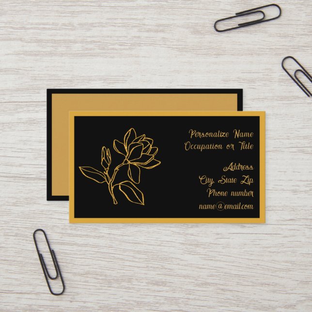 Tarjeta De Visita Elegant Gold Magnolia Flower Black BG Chic (Anverso/Reverso In Situ)