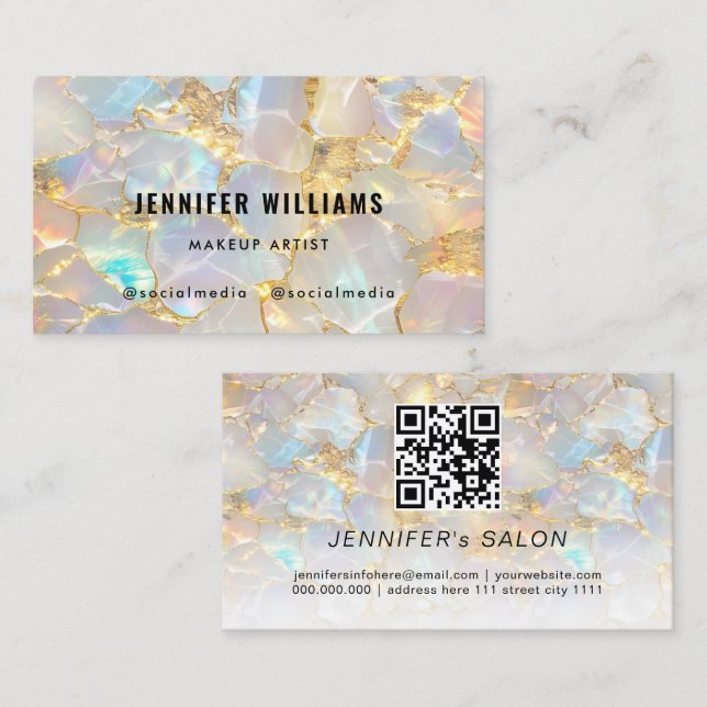Tarjeta De Visita Elegant Gold Opal Stone QR Code Beauty Salon (Anverso / Reverso)