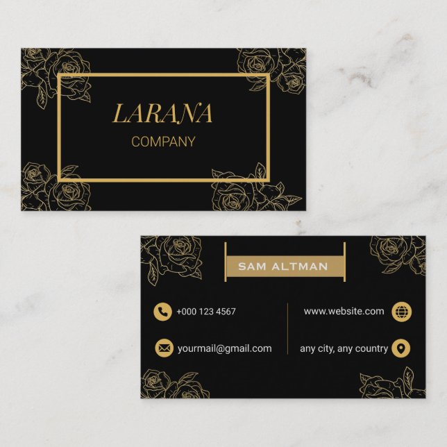 Tarjeta De Visita Elegant Gold Roses Black Luxury Professional (Anverso / Reverso)