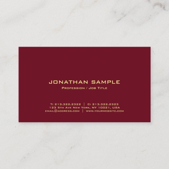 Tarjeta De Visita Elegant Gold Text Professional Rich Burgundy Red (Anverso)