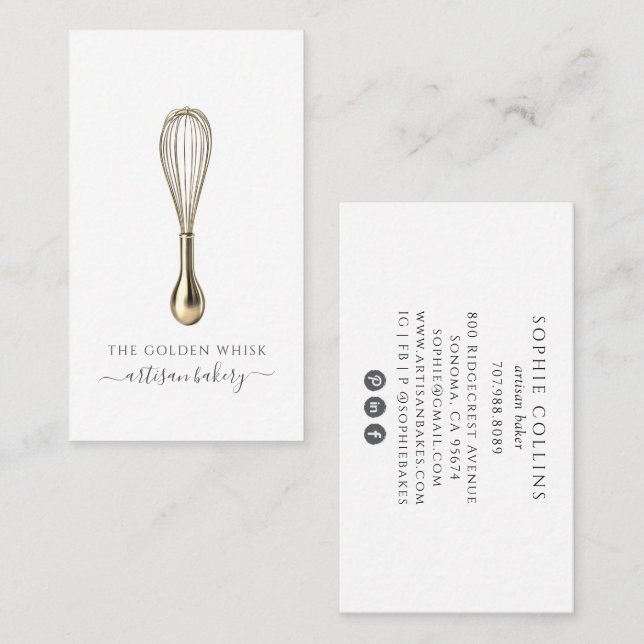 Tarjeta De Visita Elegant Gold Whisk Baker Bakery Chef Caterer (Anverso / Reverso)