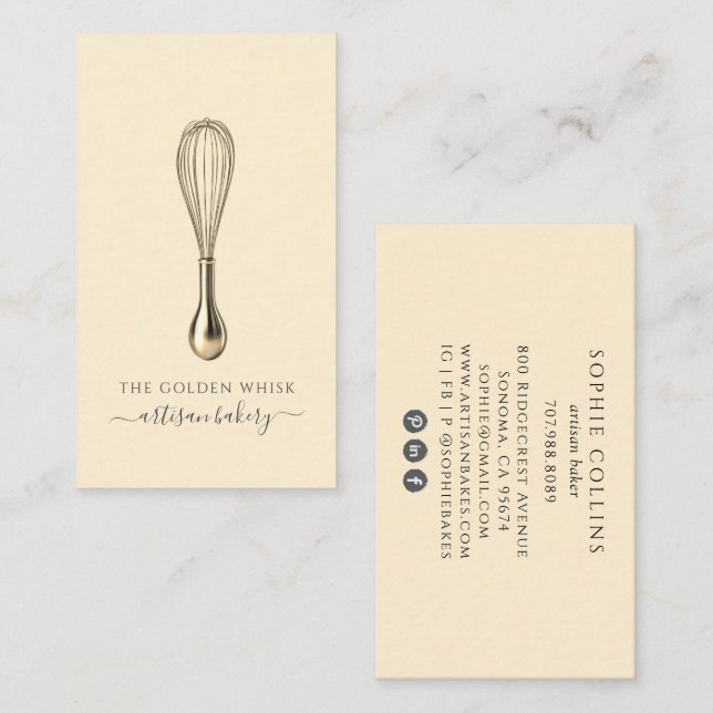 Tarjeta De Visita Elegant Gold Whisk Baker Bakery Chef Caterer (Anverso / Reverso)