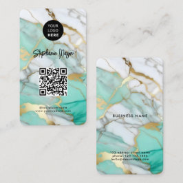 Tarjeta De Visita Elegant Green Gold Marble Logo & QR Code Modern
