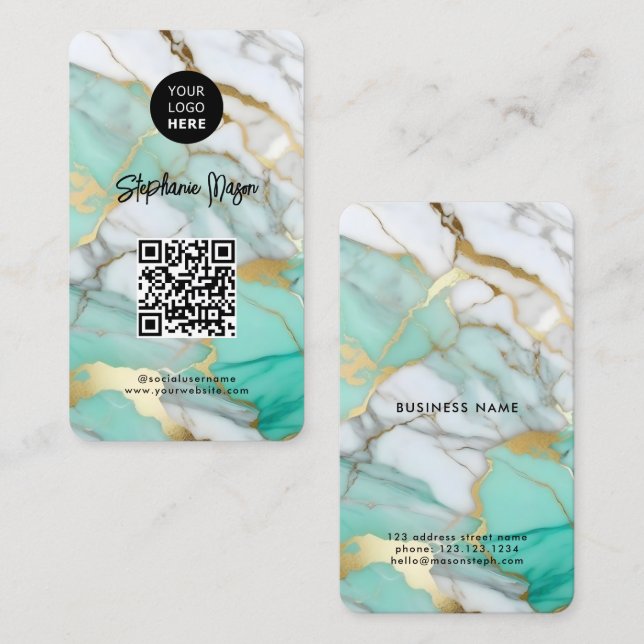 Tarjeta De Visita Elegant Green Gold Marble Logo & QR Code Modern (Anverso / Reverso)