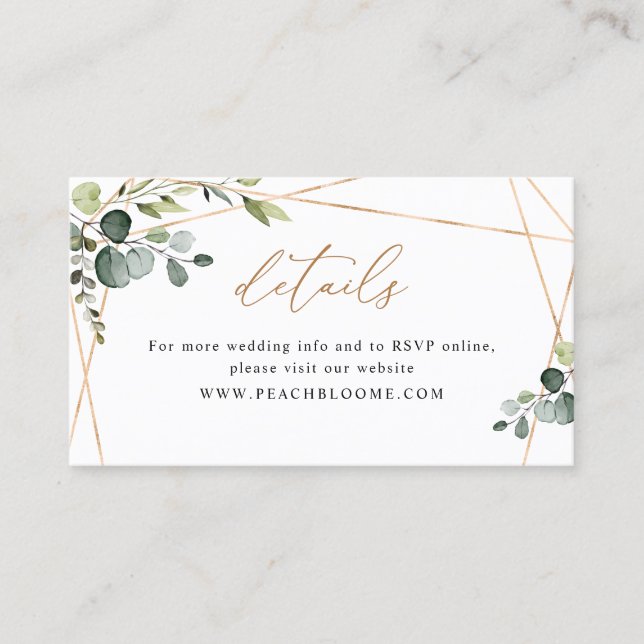 Tarjeta De Visita Elegant Greenery Gold Wedding Website Details Card (Anverso)