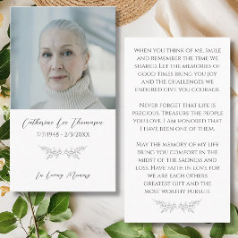 Tarjeta De Visita Elegant In Loving Memory Floral Photo Prayer Card