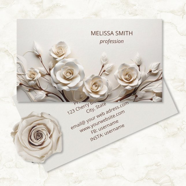 Tarjeta De Visita Elegant Ivory 3D Roses (Subido por el creador)
