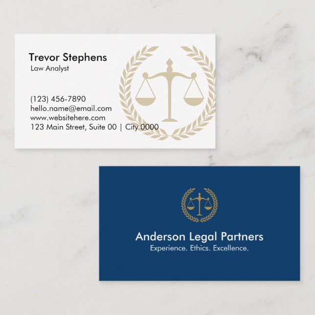 Tarjeta De Visita Elegant Law Firm Professional Navy Blue White Gold (Anverso / Reverso)