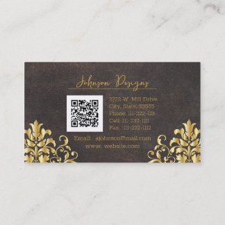 Tarjeta De Visita Elegant Leather and Gold Damask
