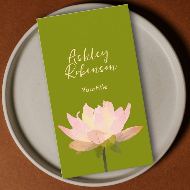 Tarjeta De Visita Elegant lotus flower boho avocado green QR code (Elegant lotus flower boho avocado green QR code Business Card)