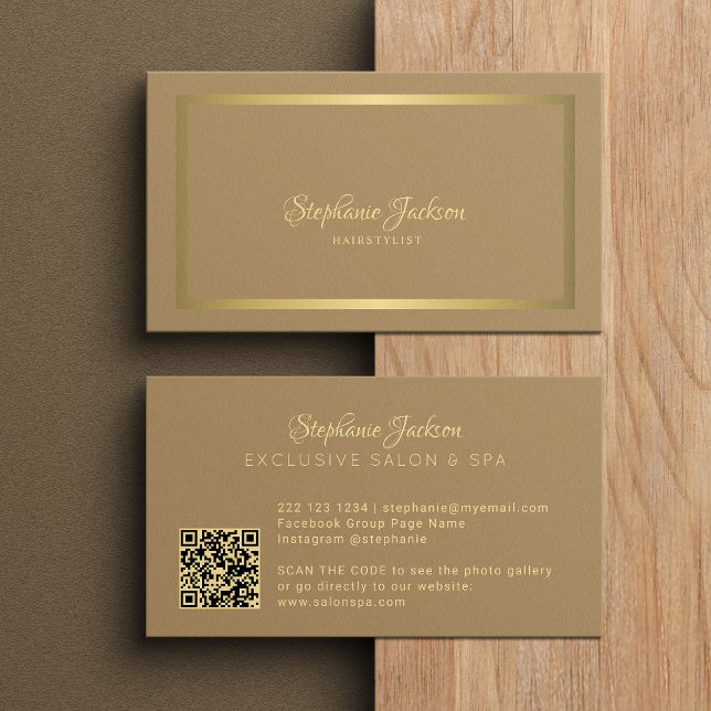Tarjeta De Visita Elegant luxury beige and gold QR code hairstylist (Subido por el creador)