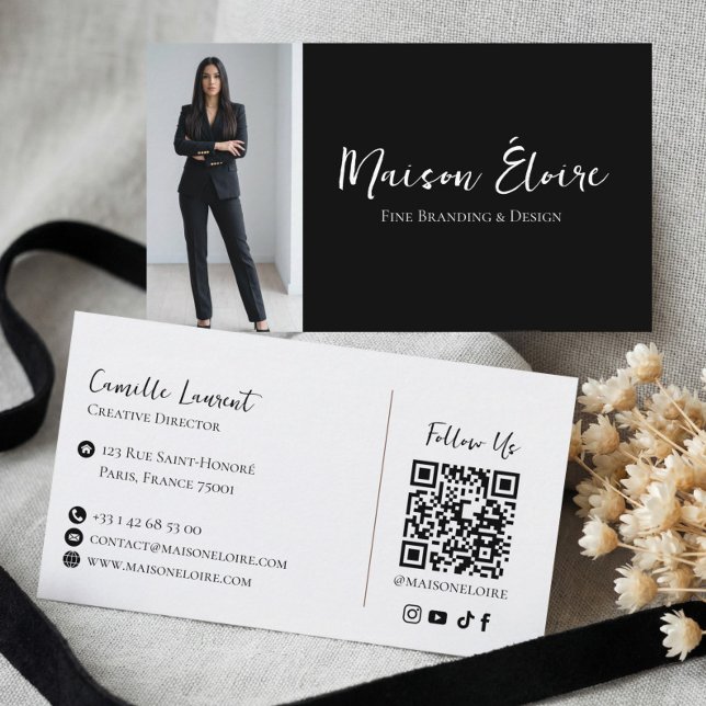 Tarjeta De Visita Elegant Luxury Black Modern Professional Photo Qr (Elegant Luxury Black Modern Professional Photo Qr Business Card)
