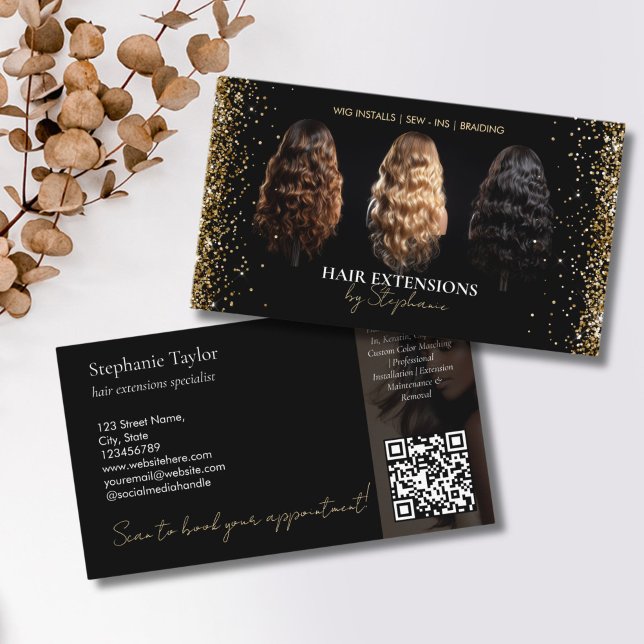 Tarjeta De Visita Elegant Luxury Hair Extensions Wig Installs Photo (wigs business card with gold glitter details)