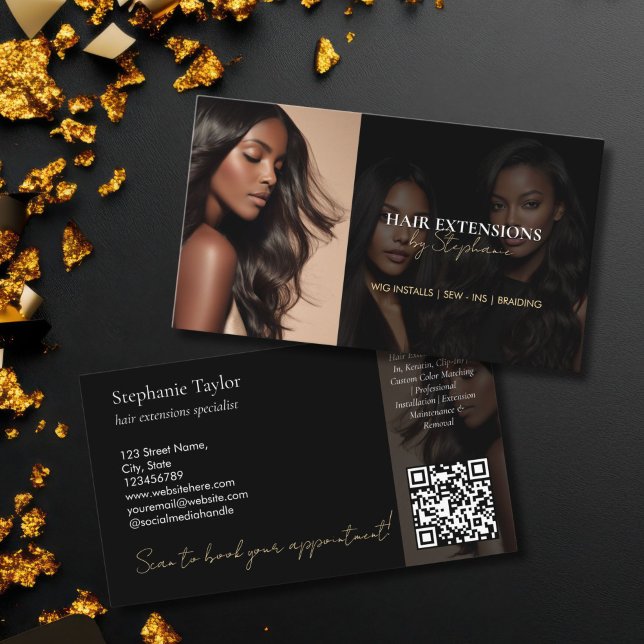 Tarjeta De Visita Elegant Luxury Hair Stylist Extensions Wigs  Photo (modern simple wig and hair extension business card with photo and QR code)