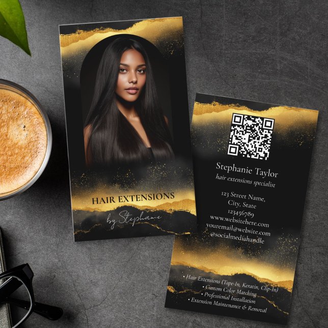 Tarjeta De Visita Elegant Luxury Hair Stylist Extensions Wigs  Photo (chic modern gold and black photo hair extension specialist business cards with qr code and photo)