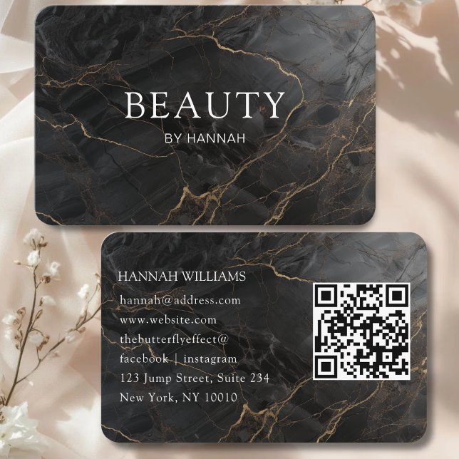 Tarjeta De Visita Elegant Marble Black-Gold Salon QR Code (Elegant Marble Black-Gold Salon QR Code Business Card)