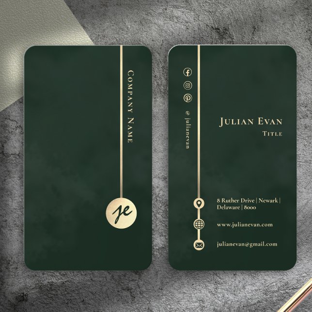 Tarjeta De Visita Elegant Minimalist Monogram Emerald Green & Gold (Elegant Minimalist Monogram Emerald Green & Gold Business Card)