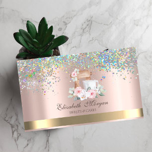Tarjeta De Visita Elegant Mixer Flor Confeti Rosa Oro Panadería
