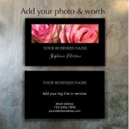 Tarjeta De Visita Elegant Modern Black Custom Floral Photo Template 