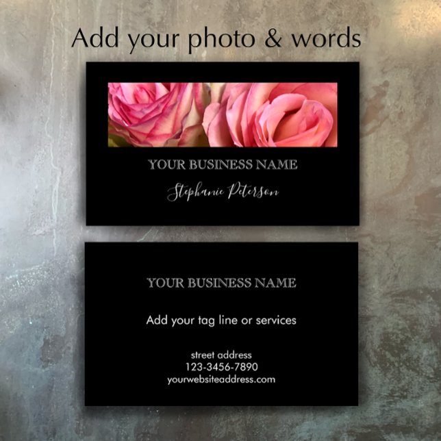 Tarjeta De Visita Elegant Modern Black Custom Floral Photo Template  (Personalize this editable modern elegant script photo template business card template.
)