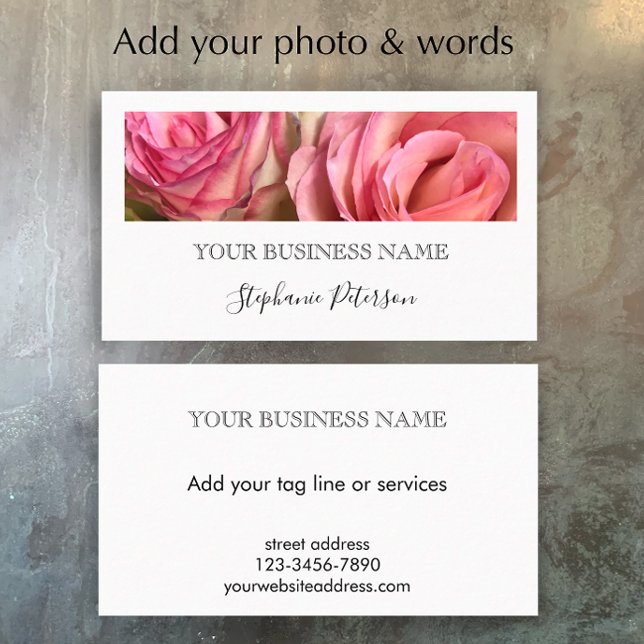 Tarjeta De Visita Elegant Modern Black Custom Floral Photo Template  (Customize this simple elegant business card template. Photo template black and white script.
)