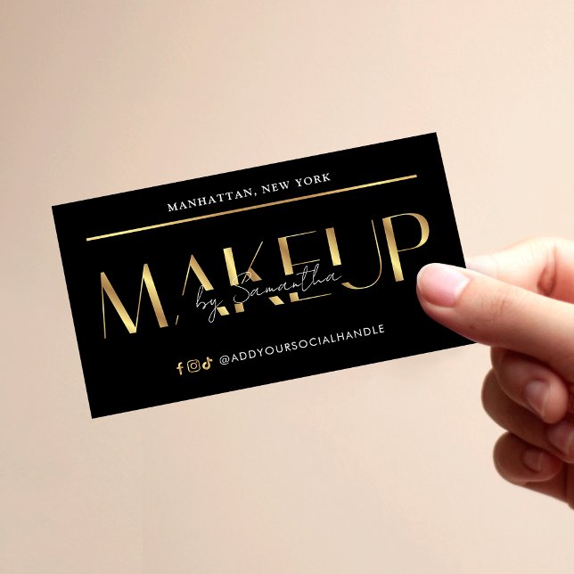 Tarjeta De Visita Elegant Modern Black & Gold Effect Makeup Artist (Create stylish business cards for your makeup studio using this elegant design)