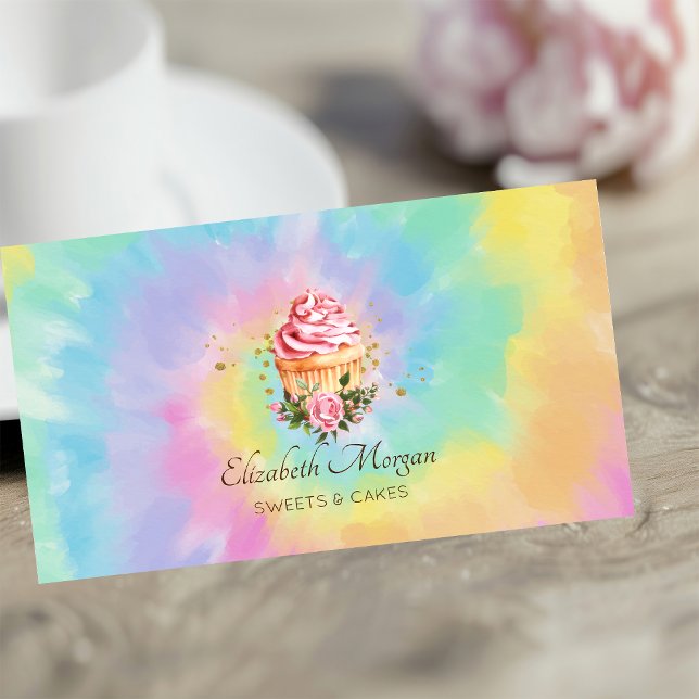 Tarjeta De Visita Elegant Modern Floral Cupcake Tie Dye Bakery (Subido por el creador)