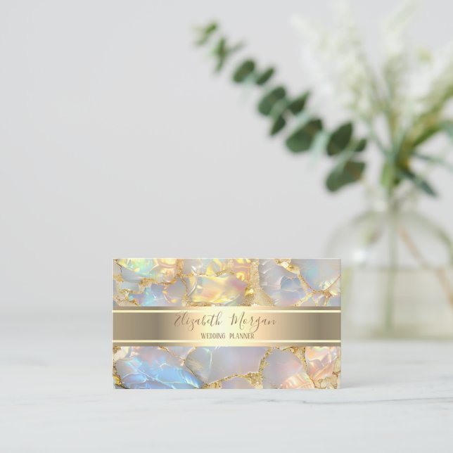 Tarjeta De Visita Elegant Modern Luxury Gold Stripe Opal Stone (Anverso de pie)