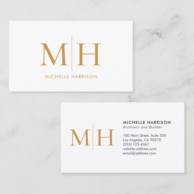 Tarjeta De Visita Elegant Modern Monogram Gold White Professional (Anverso / Reverso)