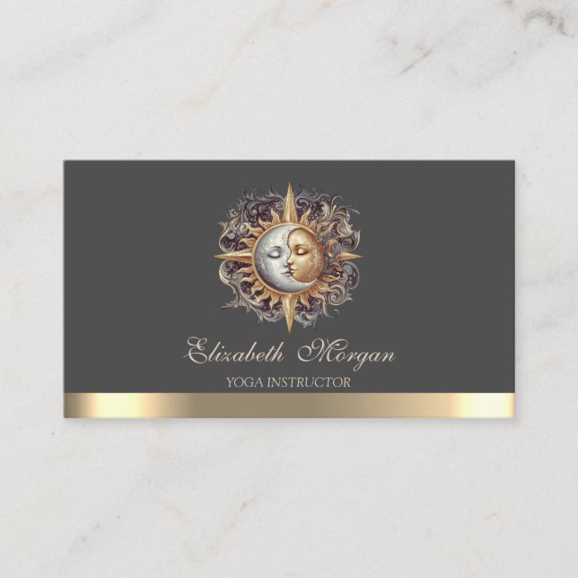 Tarjeta De Visita Elegant Mystical Moon Sun Gold Yoga Instructor  (Anverso)