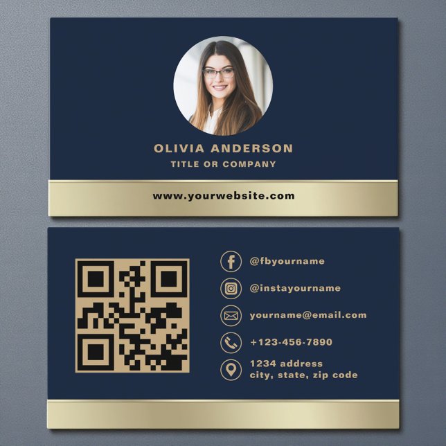 Tarjeta De Visita Elegant Navy Blue Gold Logo QR Code Photo (Subido por el creador)
