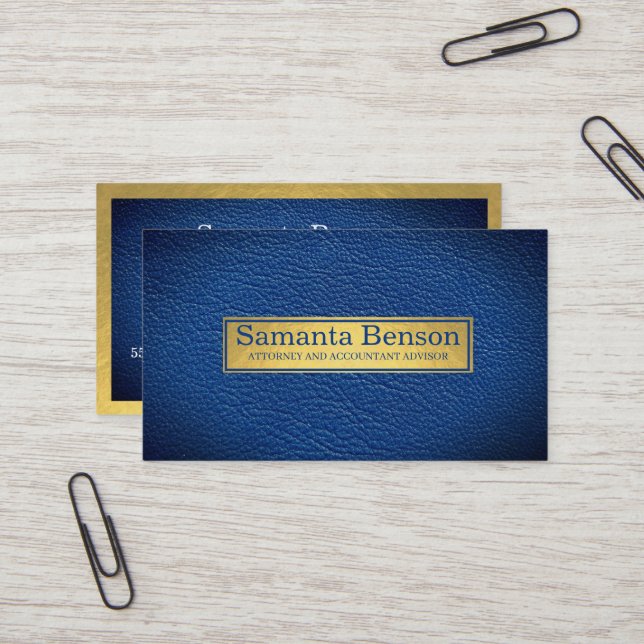 Tarjeta De Visita Elegant Navy Blue Leather Gold Label Professional  (Anverso/Reverso In Situ)