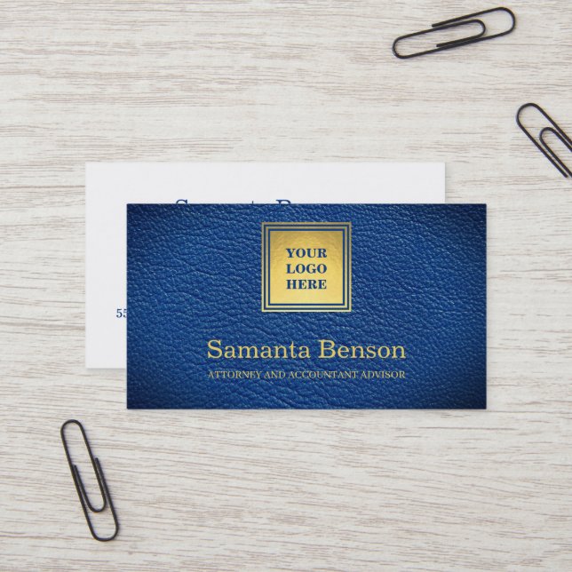 Tarjeta De Visita Elegant Navy Blue Leather Professional Your Logo (Anverso/Reverso In Situ)