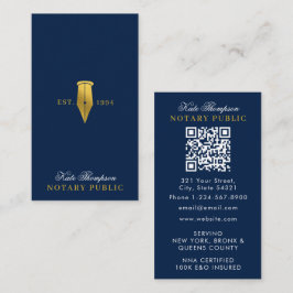 Tarjeta De Visita Elegant Notary Signing Agent QR Code Blue Gold