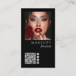 Tarjeta De Visita Elegant Photo Black QR Code Social Icons Makeup Bu