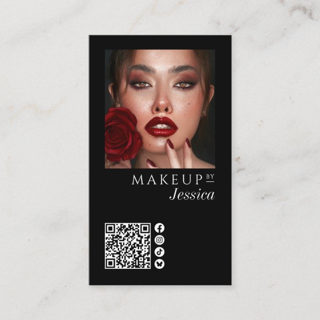 Tarjeta De Visita Elegant Photo Black QR Code Social Icons Makeup Bu (Anverso)