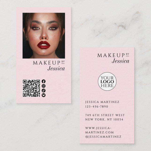 Tarjeta De Visita Elegant Photo Blush Pink QR Code Social Makeup (Anverso / Reverso)
