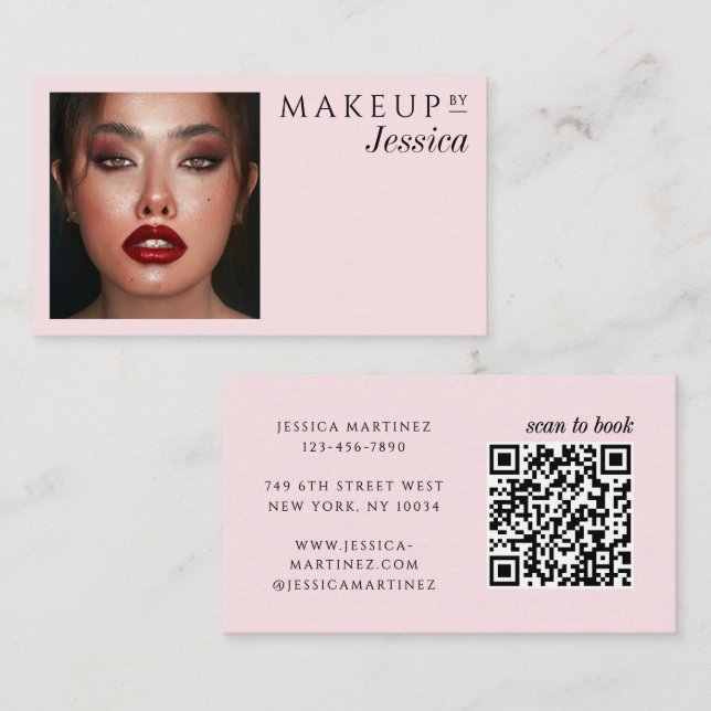 Tarjeta De Visita Elegant Photo Typography Blush Pink QR Code Makeup (Anverso / Reverso)