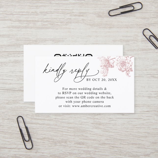 Tarjeta De Visita Elegant Pink Floral QR code Wedding RSVP Small  (Anverso/Reverso In Situ)